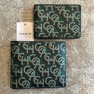 Brand New Coach Genuine Leather 3 in 1 Monogram Amazon Green Wallet & ID Insert